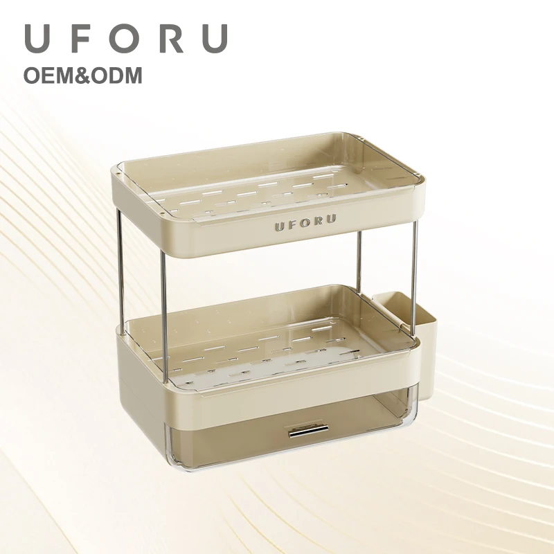 UFORU 2-Tier Coffee Organizer with Drawer, Drain Tray, Heightened Rails, Large Capacity Countertop Storage Rack for Coffee Bar