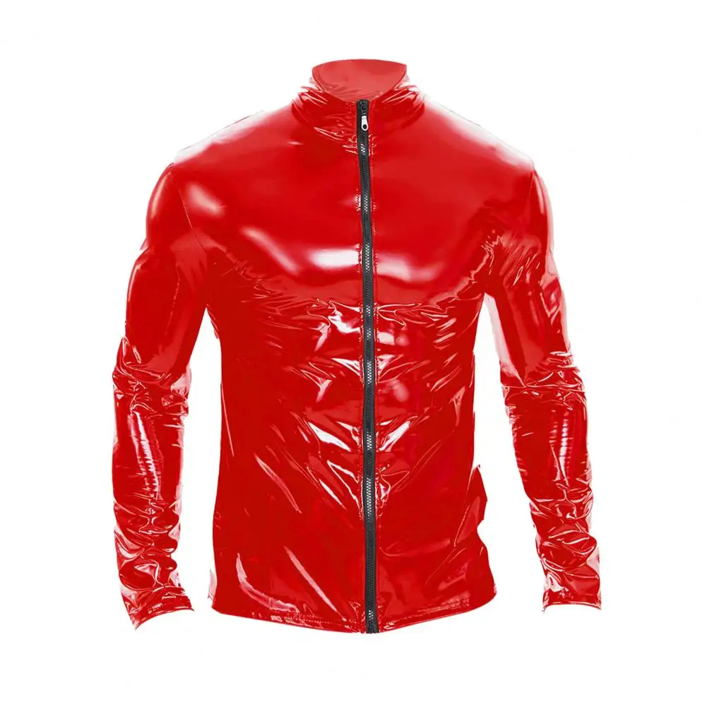 

Men High-gloss Faux Leather Jacket Men's Faux Leather Party Nightclub Jacket with Stand Collar Zipper Closure Smooth Glossy