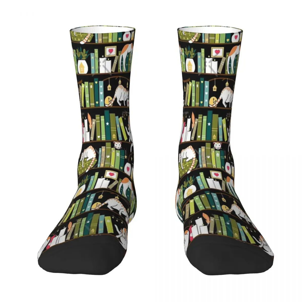 

Library Cats Whimsical Cats On The Book Shelves Men Socks Long Sock Knee-High Couples Socks Personality Hip Hop Stockings