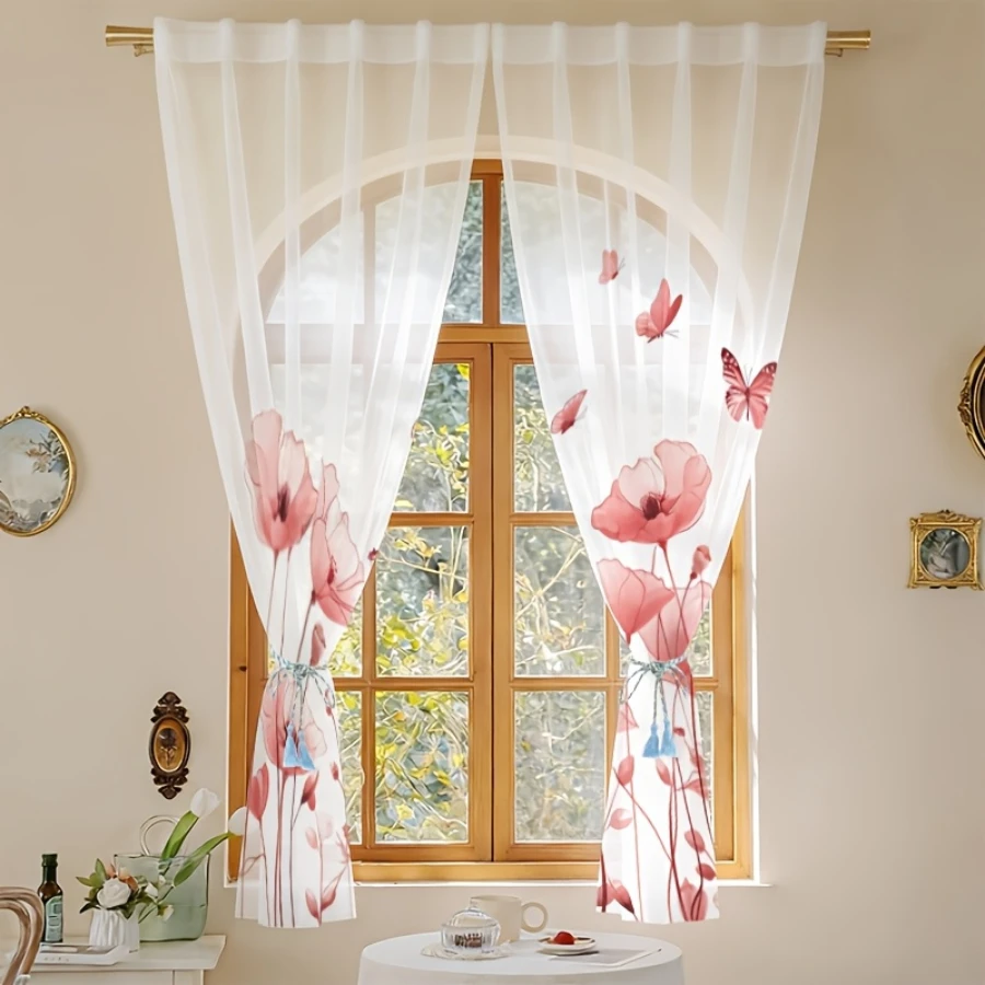 2PCS Digital Print Sheer Curtain, Red Butterfly Poppy, Vintage Floral Window Curtains for Living Room Bedroom Home Decor