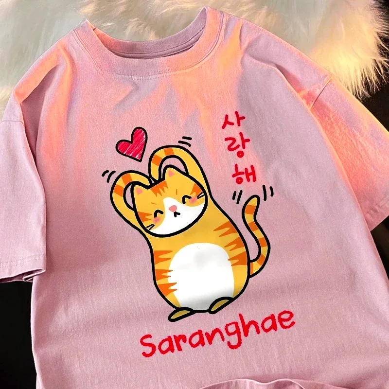 

Saranghae Cartoon T-shirt Cat Printed Summer Women Streetwear Hip Hop Tops Clothes Casual Breathable Tshirt Clothing