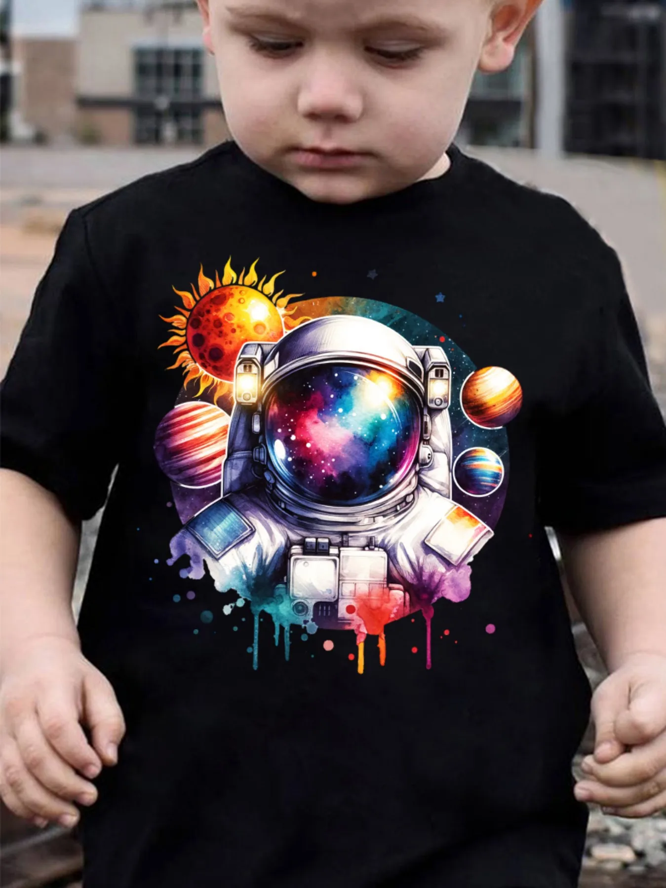 Kids Boys Girls Family Matching T Shirt Watercolor Astronaut Space Planet Print Short Sleeve Tee Casual Parent Child Daily Tops