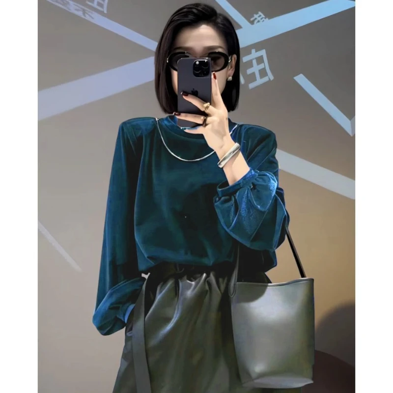 Vintage Long Sleeve Solid Loose Simplicity Gold Velvet Tops Spring Autumn All-match Casual T Shirts Elegant Office Women Clothes
