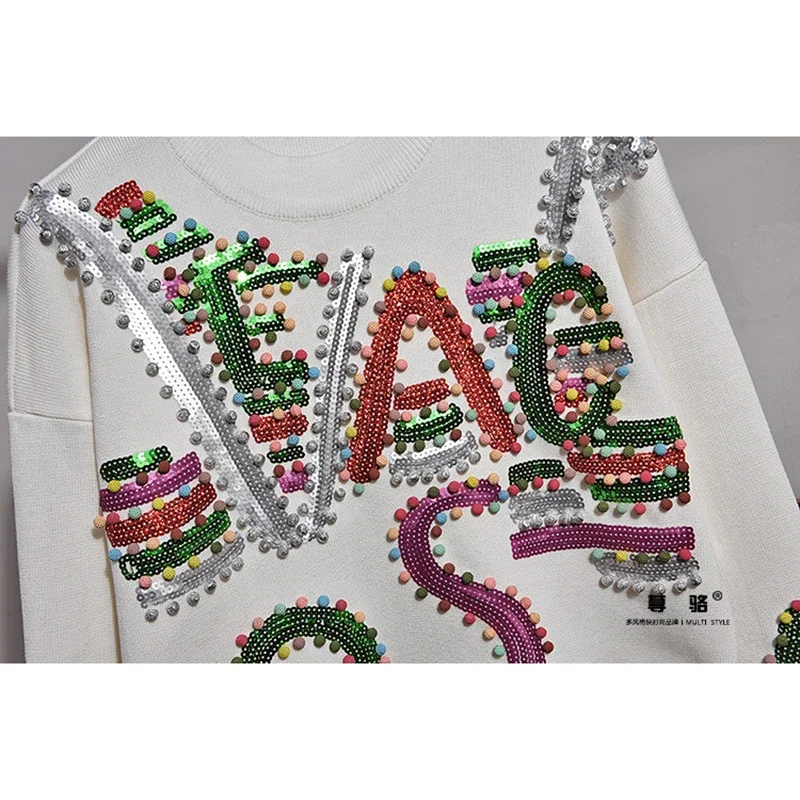 

Тяжелые рабочие вязаные спортивные костюмы с буквами и блестками, женский пуловер, свитер, длинные брюки, комплект из двух предметов, женский черный, белый цвет