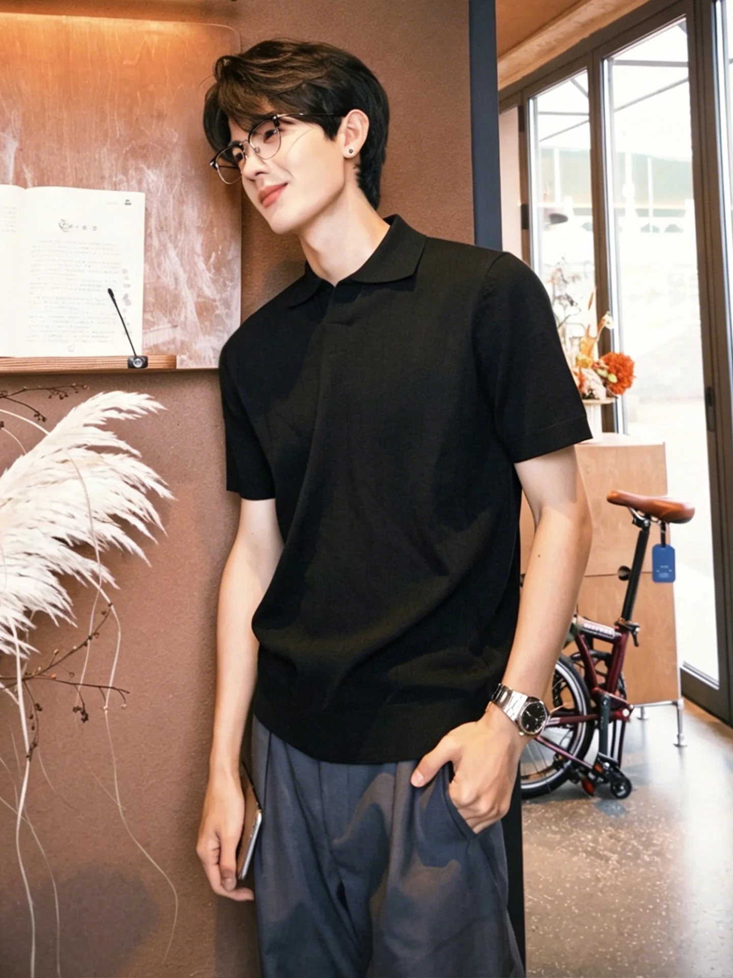 

Stylish Pure Black Shirt Men's Short Sleeve Flip-Collar T-Shirt Casual Business Heavyweight Half Sleeve Summer Fashion