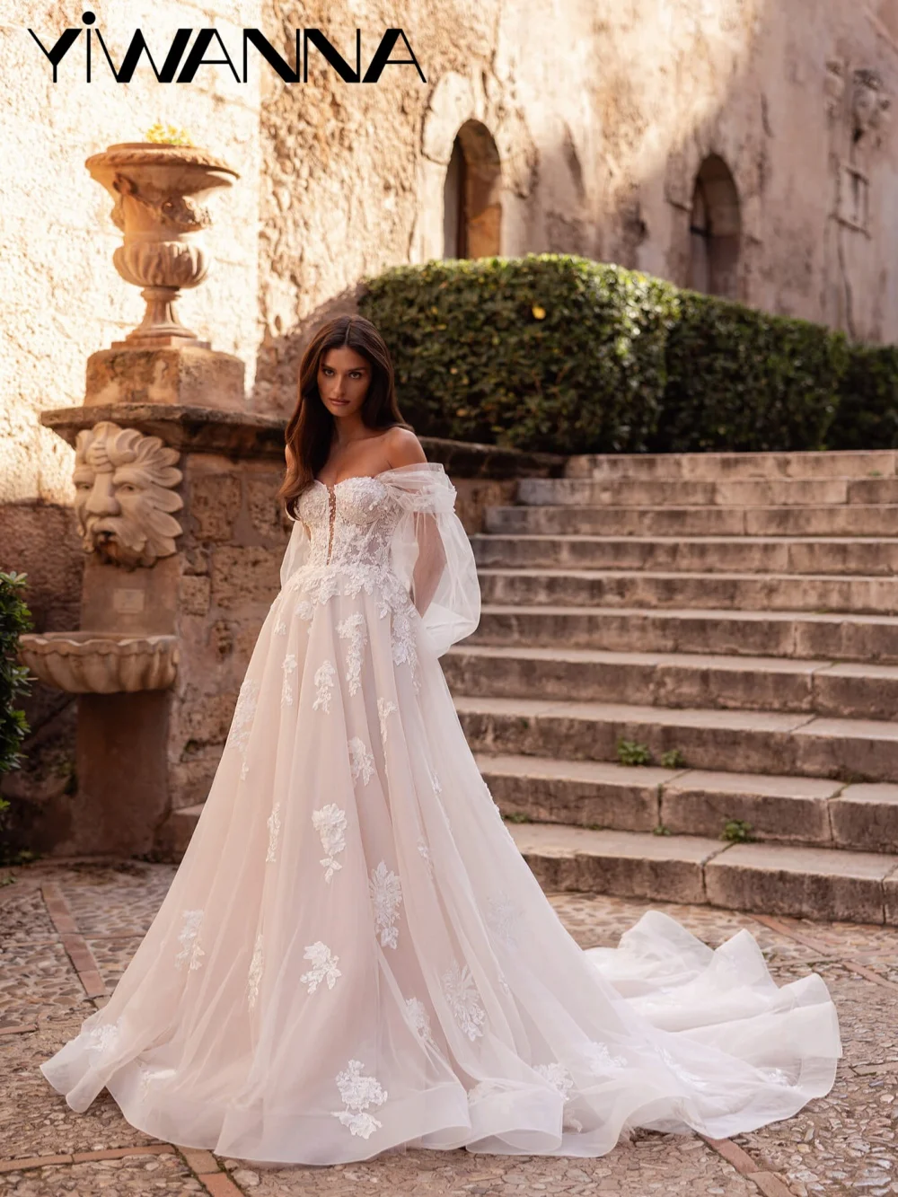 

Dazzling Pearls Lace Appliques Wedding Dress Off Shoulder Elegant A-line Bridal Gown Customized Dreamy Long Dresses For Bride