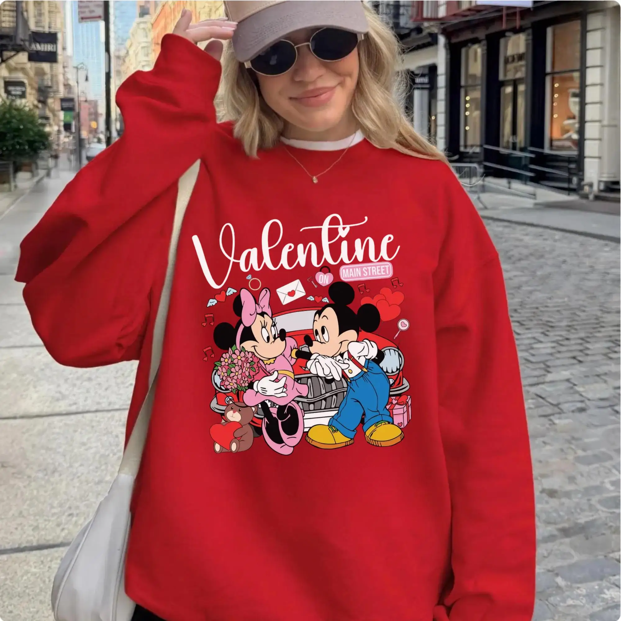 Moletom feminino Disney Mickey & Minnie para o dia dos namorados, moletom de lã para primavera e outono, para uso diário ao ar livre em qualquer ocasião