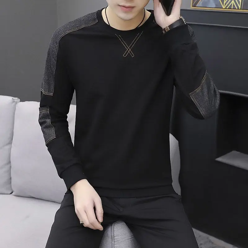 Autumn Long Sleeve Sweatshirt Men O-Neck Hoodie Luxury Brand Cowboy Patchwork Korean Fashion Tops Streetwear Tracksuit Men