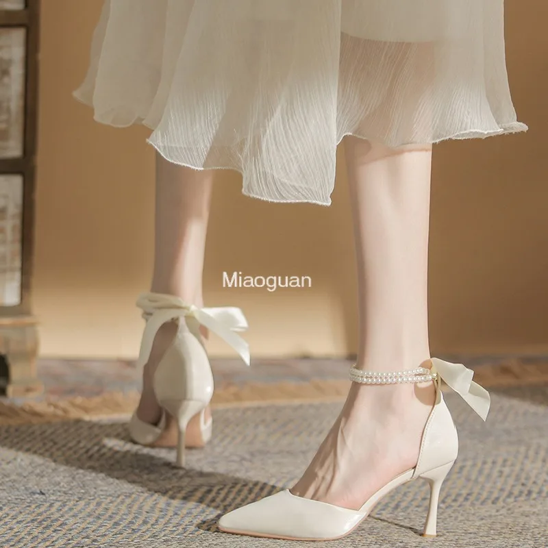 Silk Ankle Pearl White Pumps Design 8cm High Heels Women Pumps Stiletto Sexy Bow Strap Dress Wedding Bride Shoes Plus Size 2024