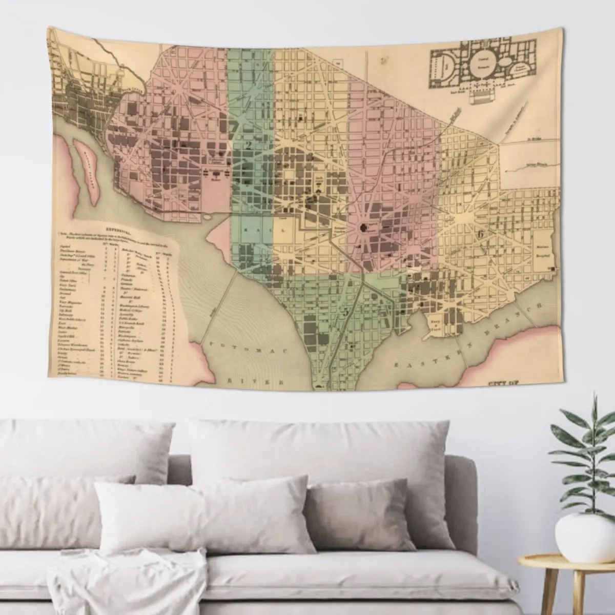 Vintage Map of Washington DC (1836) Tapestry Wall Decor Wall Hanging Wall Decorative Murals Tapestry