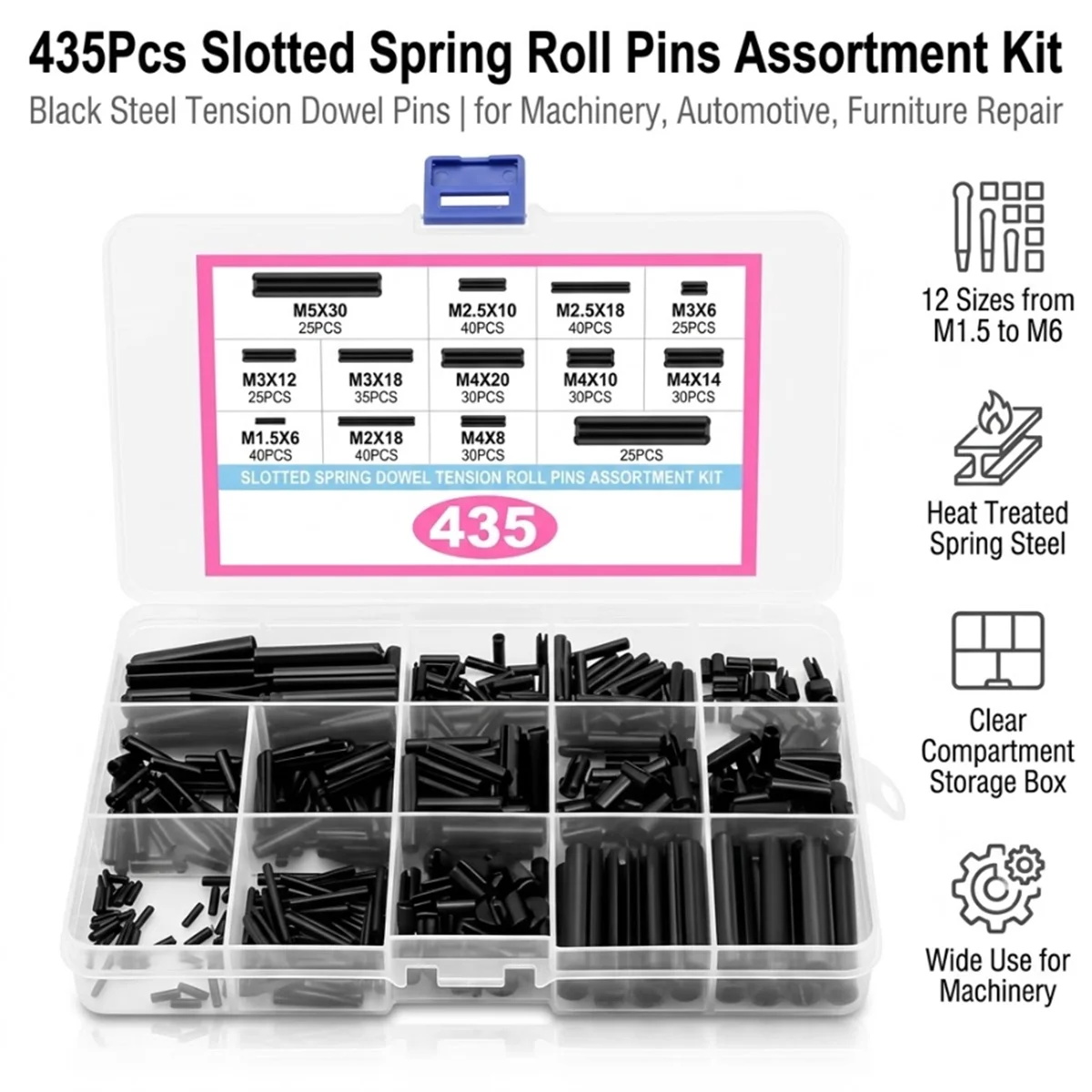 435Pcs Metric Slotted Spring Pin Assortment Kit M1.5-M6 Black Oxide Carbon Steel Hollow Tension Roll Pins For Auto Marine Home