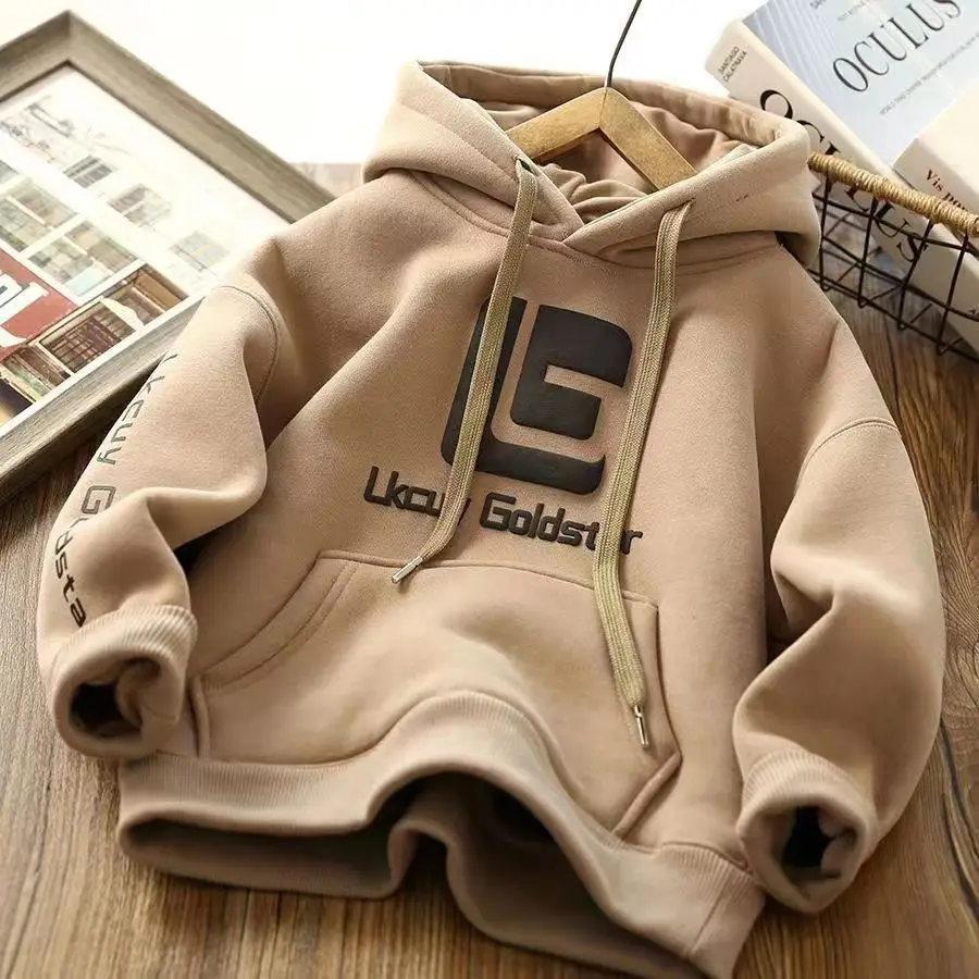 3-12 Years New Autumn Winter Boys Hoodies Lined With Plush Lining Thick Keep Warm Letter Hooded Sweatshirt For Kids