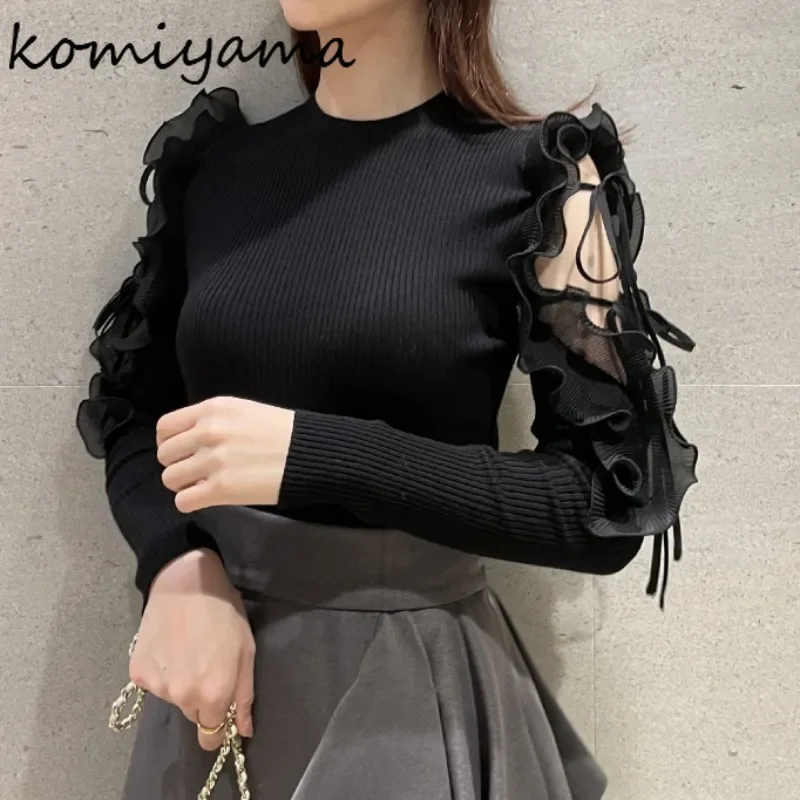 Lace Up Ruffled Sweater Spring Womens Clothing Japan Off Shoulder Ropa Mujer O-neck Pullover Tops Long Sleeve Women Knitwears