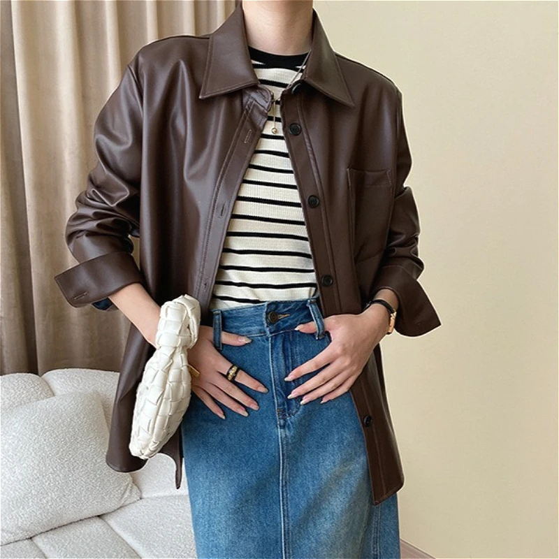 

Women Coats Faux Leather Jackets Turn Down Collar Pu Coat Work Y2k Streetwear Jacket Zipper Casual Loose Outerwear Autumn Winter