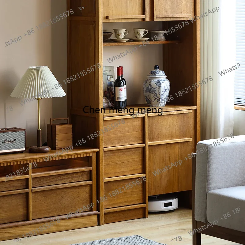 Teak retro dining side cabinet, living room against the wall storage sweeping robot cabinet, ancient solid wood