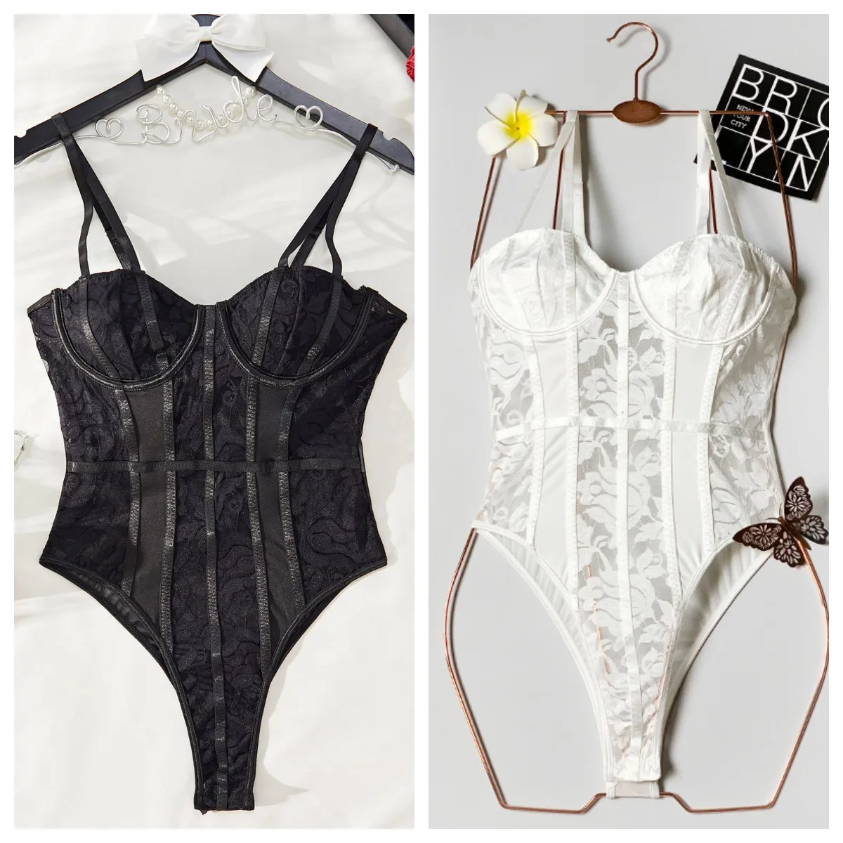 

Sexy Black Floral Embroidered Lace Gather One-piece Jumpsuit French Style Fashion Women's Lingerie Female Bodysuit Underwear