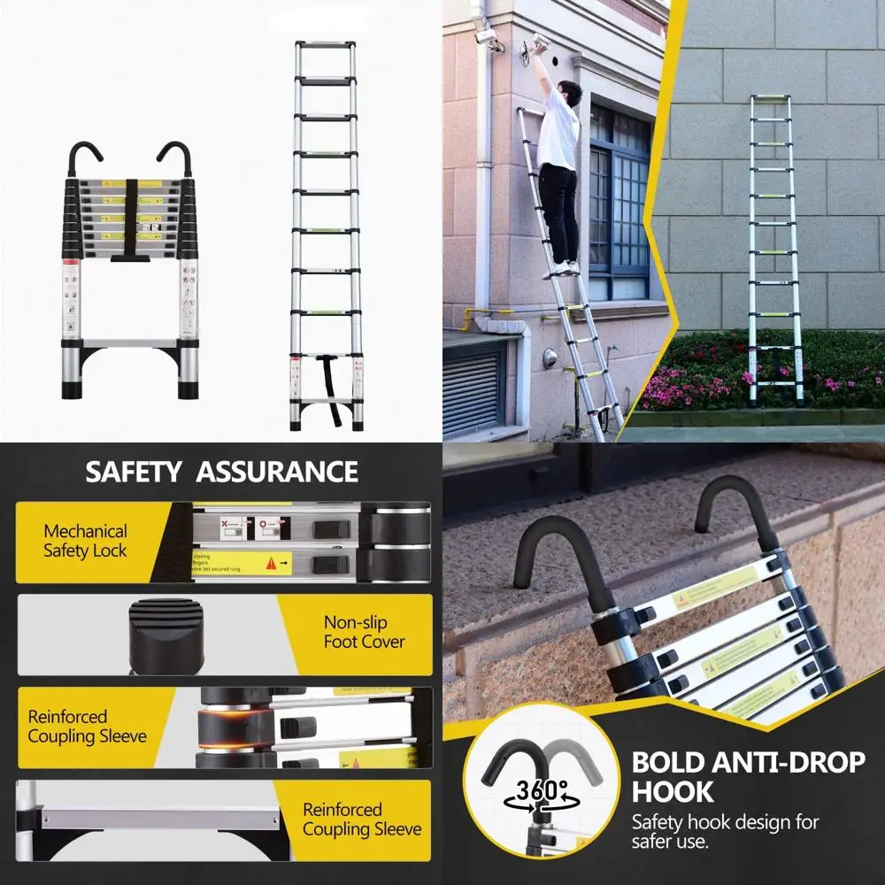 

aluminum telescoping ladder, 9.5ft collapsible with hook, 330 lbs capacity for home, rv, attic use