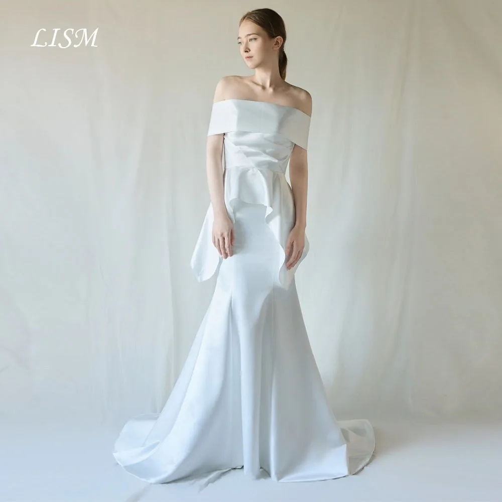LISM Designed A-Line Simple Korea Wedding Dresses Off Shoulder Photo Shoot Soft Satin Elegant Bridal Gowns 웨딩드레스 Customized