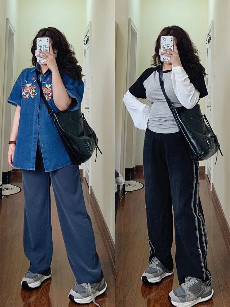 

plus Size Women's Loose Wide Leg Jeans High Waist Trousers with Stripe Splicing Floor-Length Micro Flared Denim Pants