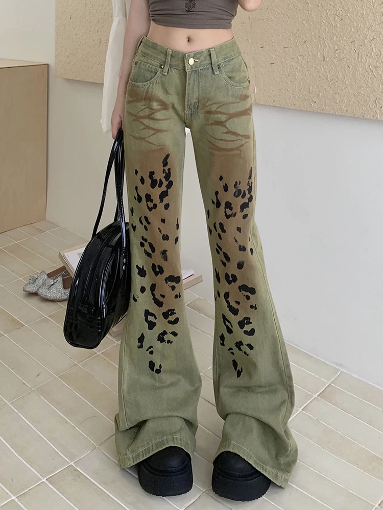 

Retro Leopard Print Camouflage Denim Slim Fit Flared Pants 2024 New Fashionable Women'S Clothing