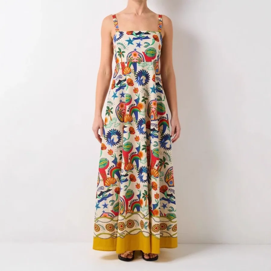 

【New Arrival】Colorful Boho Print Maxi Dress, Square Neck Spaghetti Strap with Yellow Hem, Casual & Beach Wear