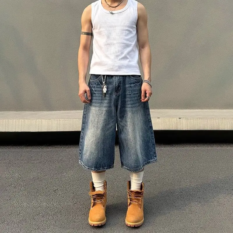 Men's Lightning Patterned Black Grey Denim Shorts Wide Leg Cropped Pants Summer Boys Casual Bottom Male High Waist Half Trousers