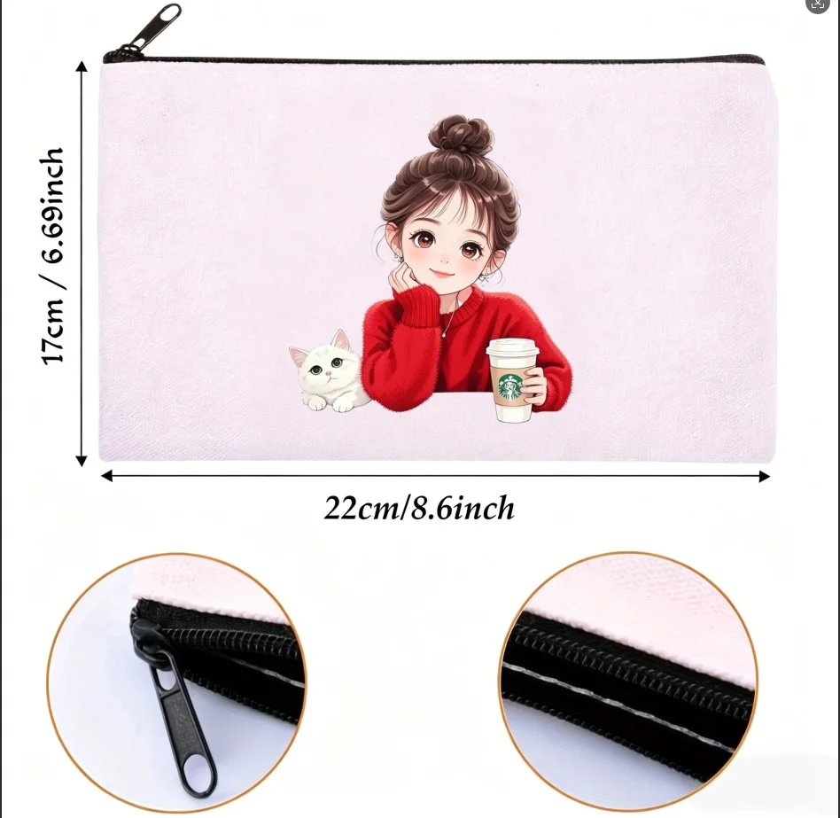 1PC Double Sided Print Bun Hair Girl Coffee Cup & White Cat Canvas Zipper Cosmetic Storage Pouch