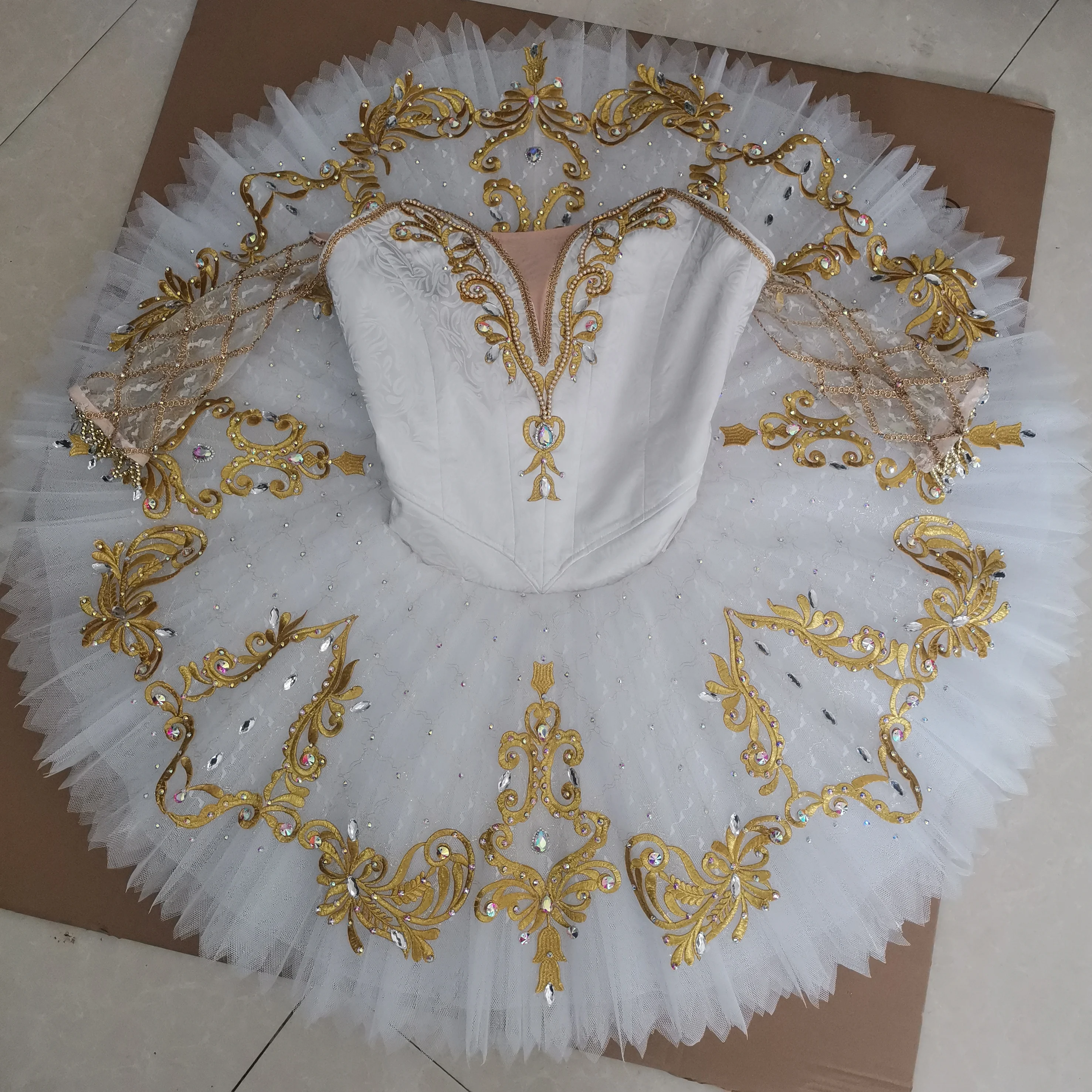 Professional Custom Size 12 Layers Kids Girls Women Adult Competition Performance Wear White Gold Ballet Tutu Costumes