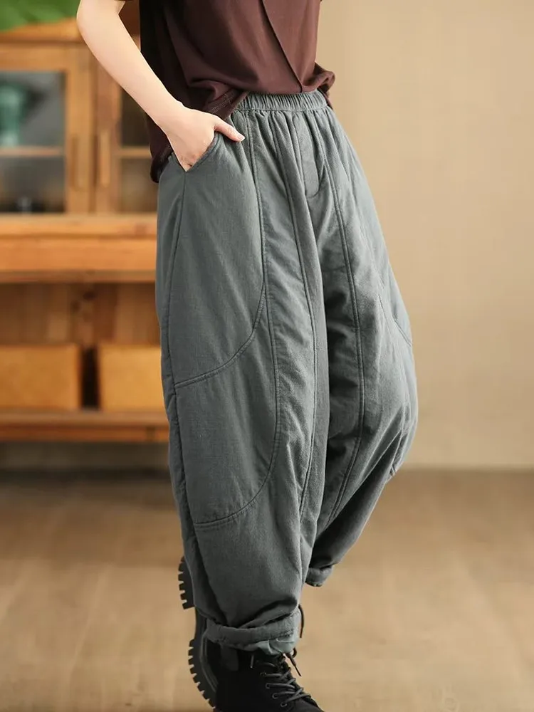 Thick Warm Casual Harem Pants Women New Arrival 2024 Winter Vintage Style Solid Color Loose Female Basics Cotton Trousers M299