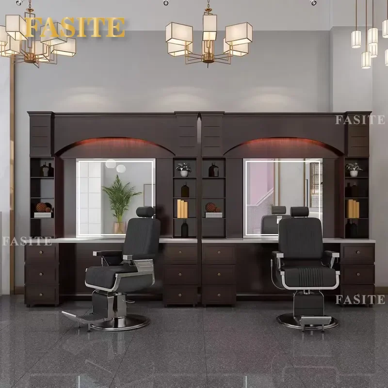 For Men's Hair Barber Shop Retro Oil Head Mirror Table Solid Wood Countertop Hairdressing Station Furniture