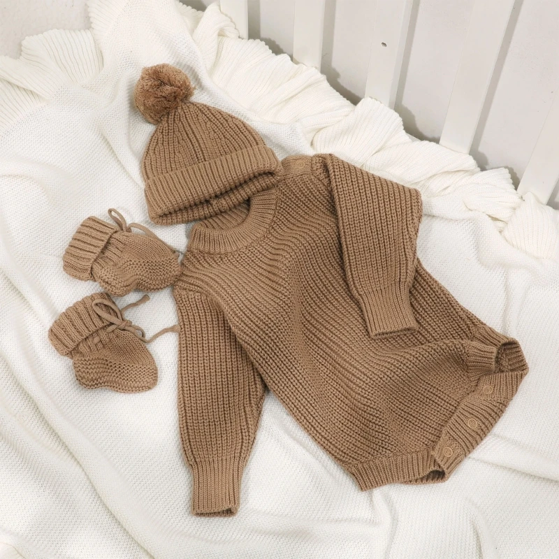 3PCS Newborns Knitted Romper Set with Matching Hat and Socks, Soft & Breathable Outfit Knitwear for 0 to 6 Months Baby