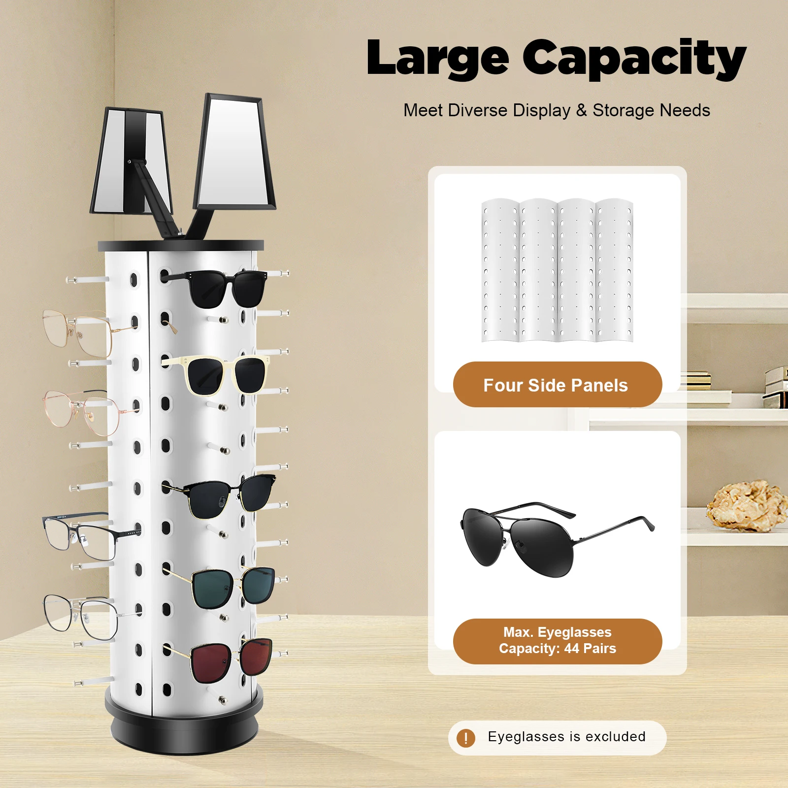 360° Rotating Eyeglasses Display Stand with 44 Holes & 2 Adjustable Mirrors, Floor Mount Optical Store Rack for Sunglasses - view 6