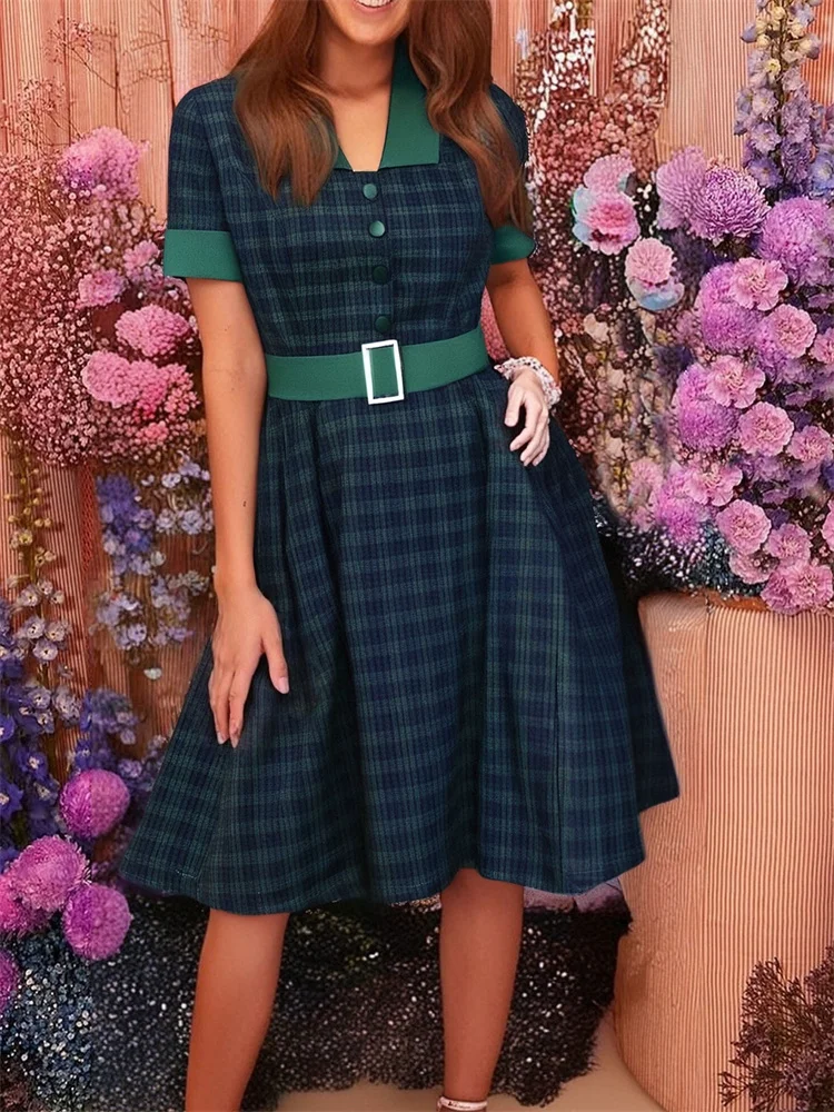 그린 체크 무늬 프린트 50년대 60년대 빈티지 여성용 빅 스윙 드레스 코튼 싱글 브레스티드 버튼 셔츠 쇼트 프롬 파티 드레스