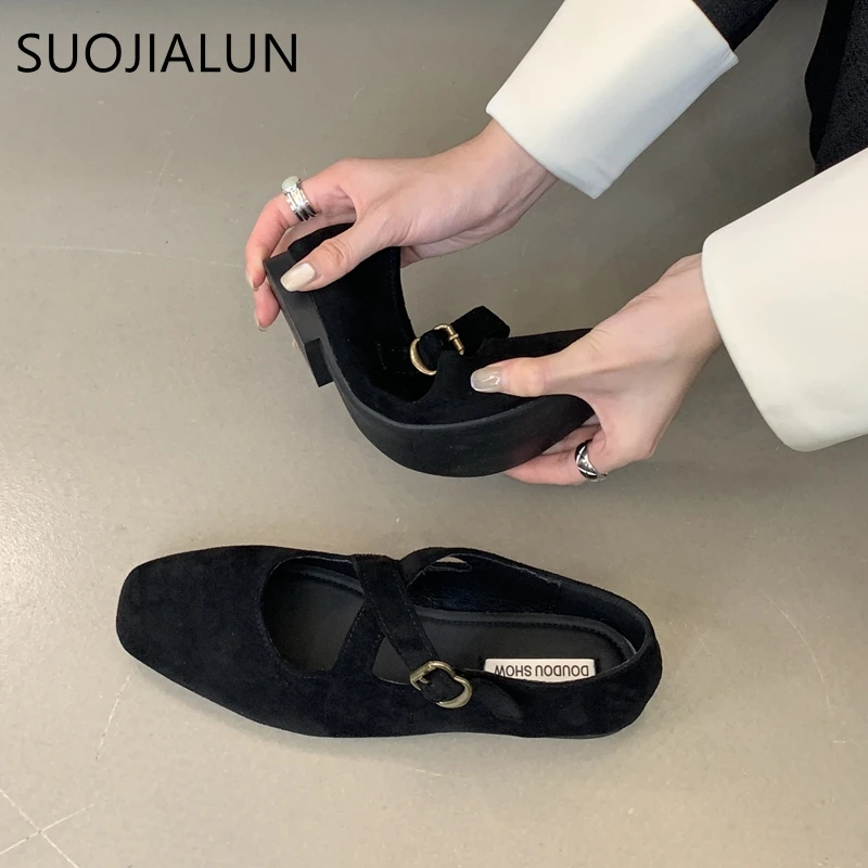 SUOJIALUN 2024 New Brand Women Flat Shoes Fashion Round Toe Ladies Elegant Red Mary Jane Shoes Soft Flat Heel Dress Ballerinas S