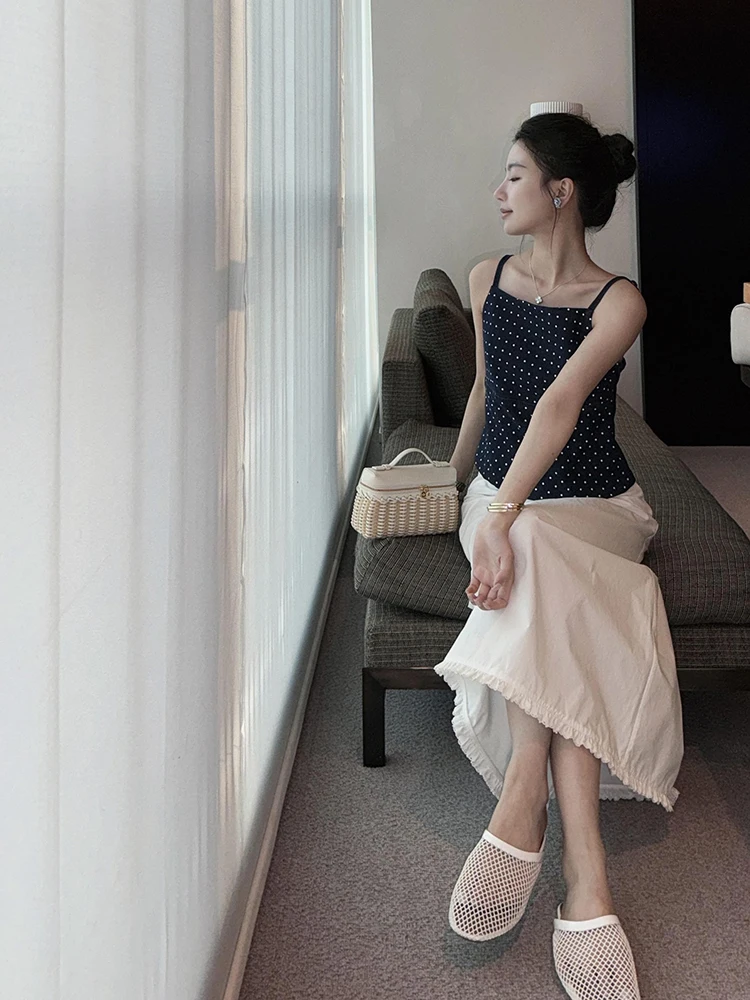 

Spring Cotton Blend Women's Skirt High Waist A-Line Skirt Casual White Lace Trim Slimming Effect Pure Color Skirt