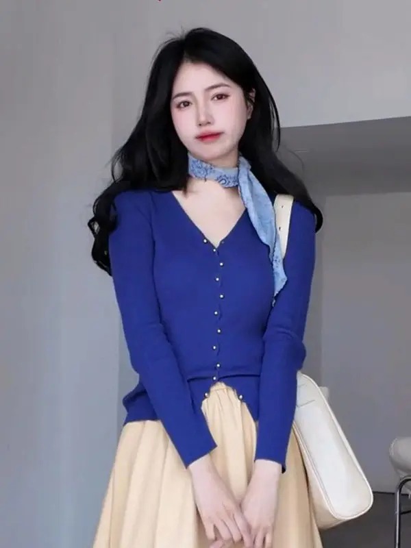 

Blue V-Neck Knitted Open Cardigan Women's Outerwear Spring New Korean Style Inner Match Sweater Base Shirt Top