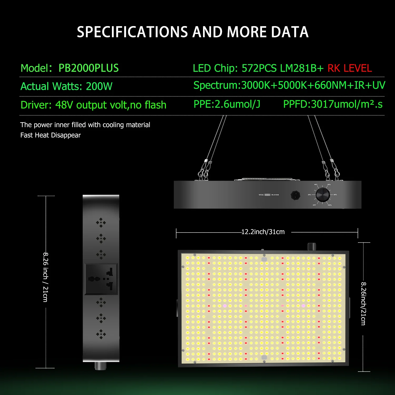 Remote control 200W 300W LED Grow Light with Full Spectrum LED Plants Lamp for Indoor Greenhouse Grow Box