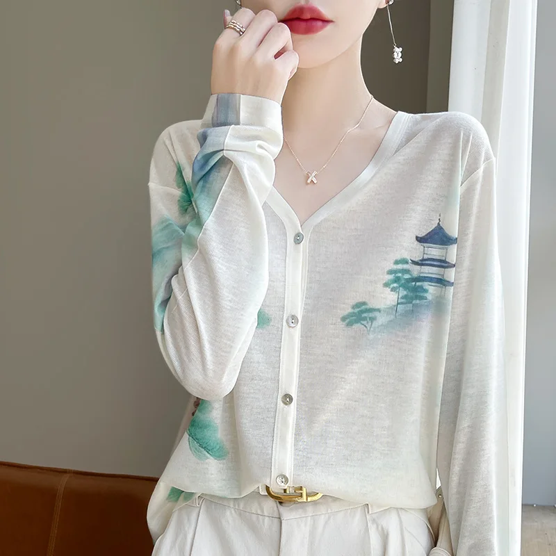 Spring 2024 New Temperament Top Wool knitwear V-Neck Cardigan Women\'s Summer Bottoming Shirt Jacquard Sweater Coat