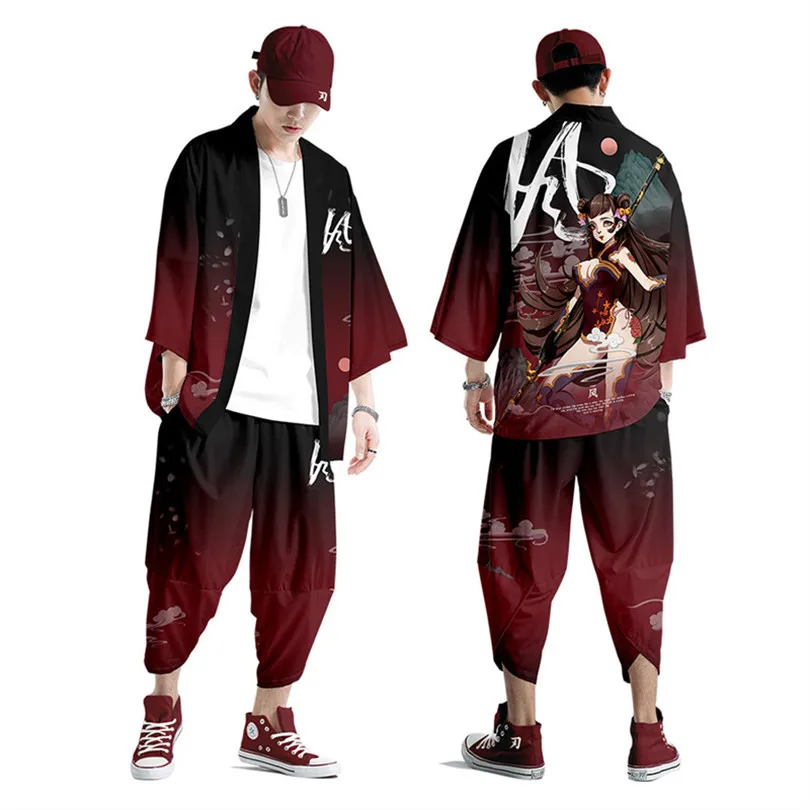 

Two Pieces Suit Chinese Style Fashion Japanese Kimono And Pants Set Men Cardigan Blouse Haori Obi Asian Clothes