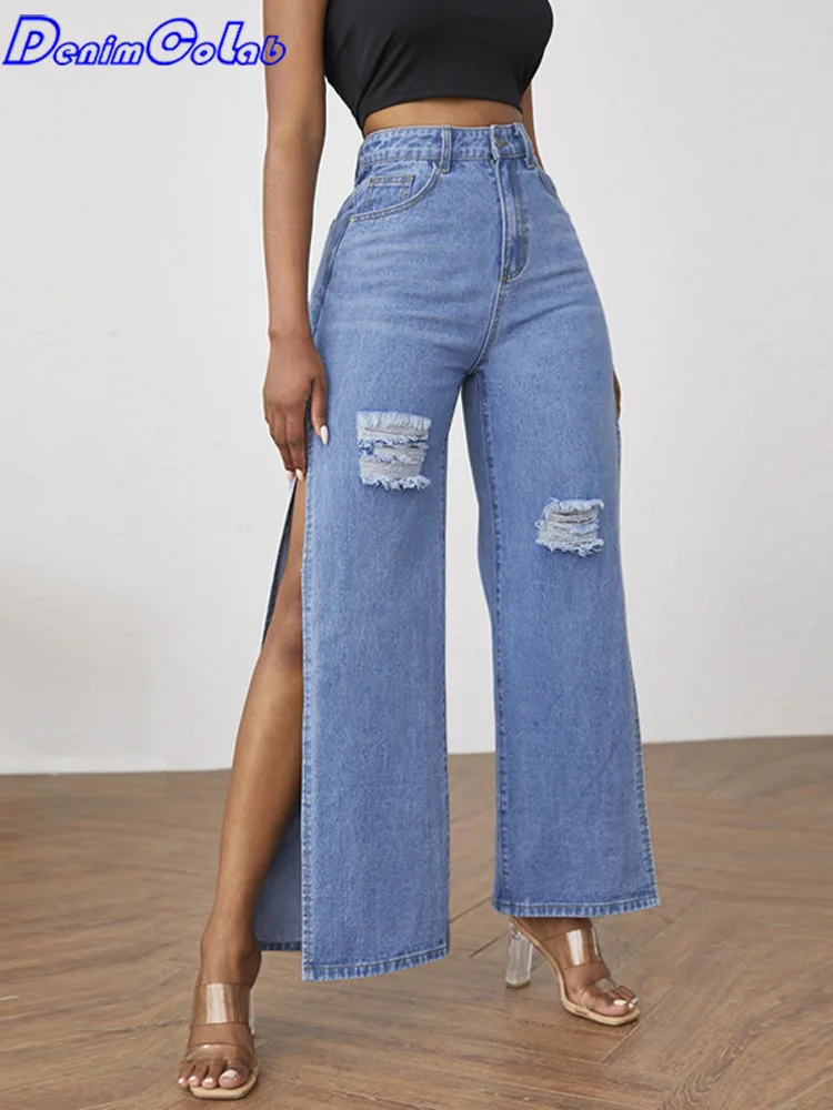 

DenimColab Fashion High Split Wide Leg Pants Women Casual Loose Hole Jeans Ladies Streetwear Ripped Jeans Trousers Denim Pants