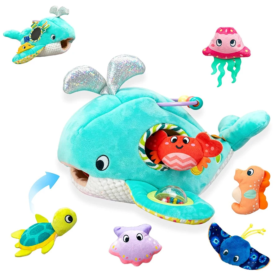 Brinquedos do bebê baleia oceano amigos conjunto de pelúcia montessori brinquedos sensoriais para bebês recém-nascidos com chocalho espelho, crinkle squeaker
