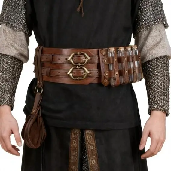 5pcs Medieval PU Leather Belt/Waist Bag/Keychain/Wallet Set for Men and Women, Steampunk Phone Clip, Viking Role-Playing and Ren