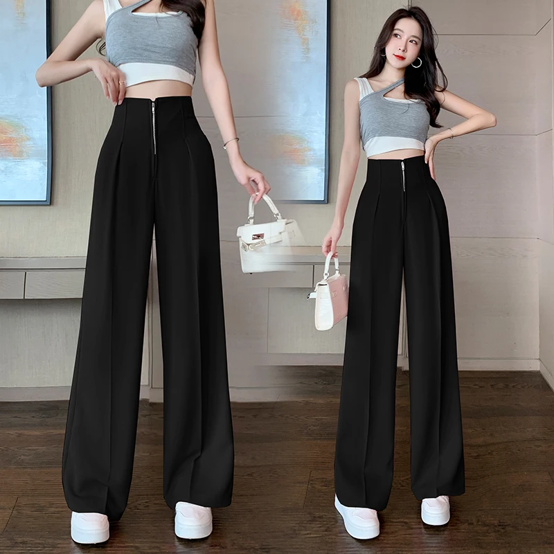 2023 New High-Waist Zipper Loose Drape Thin Section Women\'s Wide-Leg Straight Suit Slim And Versatile Trousers