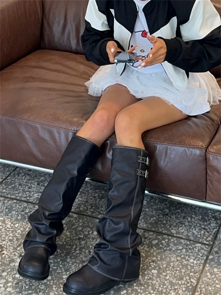 

Korean Sle round Toe Chunky Heel Belt Bule Cuff High Boots Ele Faion Booties for Women Spring Autumn Season