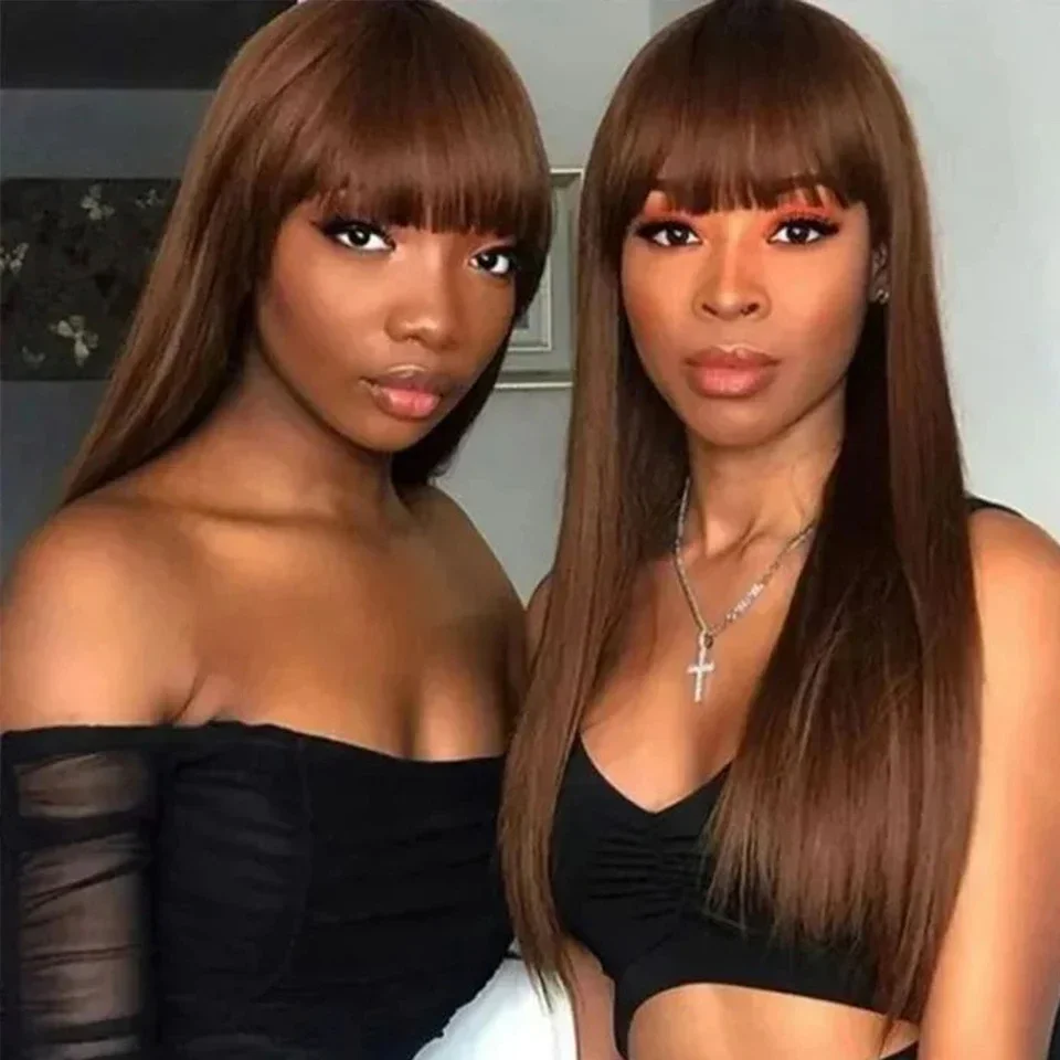 

Chocolate Brown Straight Lace Front Human Wig With Bangs Glueless 13x6 HD Lace Frontal Colored 4# Cheap Hair Wigs With Bang 180%