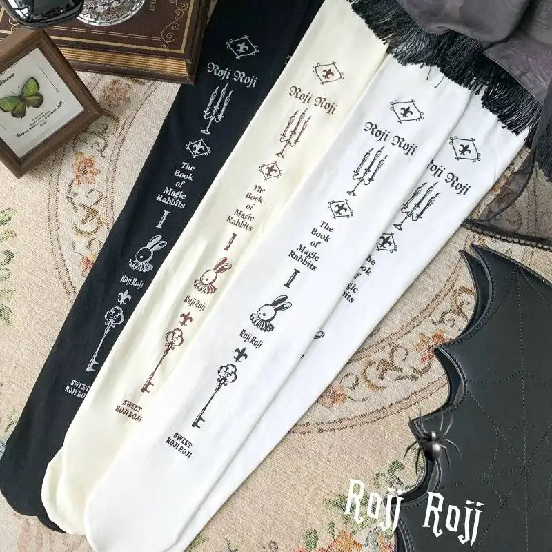Gothic Witch Print Tights Women White Black Magic Rabbit Pattern Pantyhose Dark Lolita Alt Harajuku Punk Cosplay Stockings