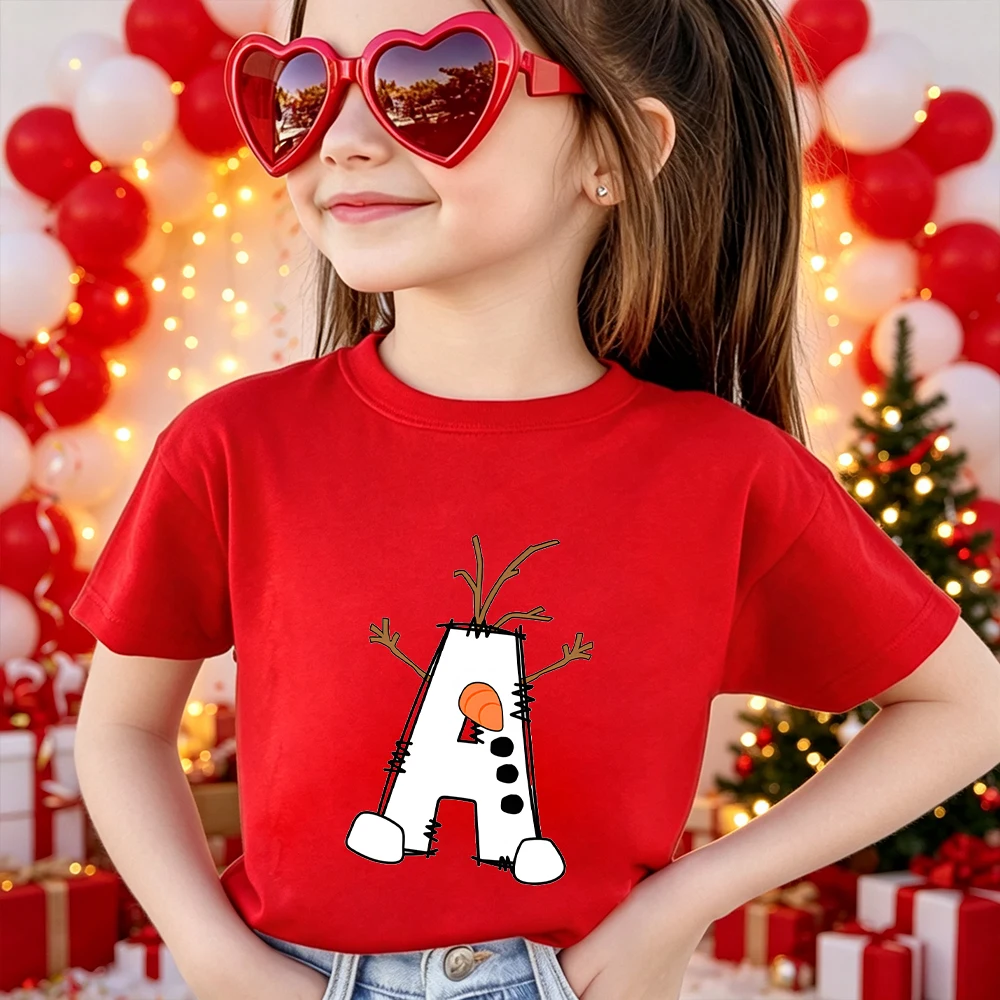 Cute Xmas Snowman Cartoon Letter Graphic 26 A‑Z Alphabet Children Christmas Party T‑Shirt Cotton Short Sleeve Kids Casual Tees