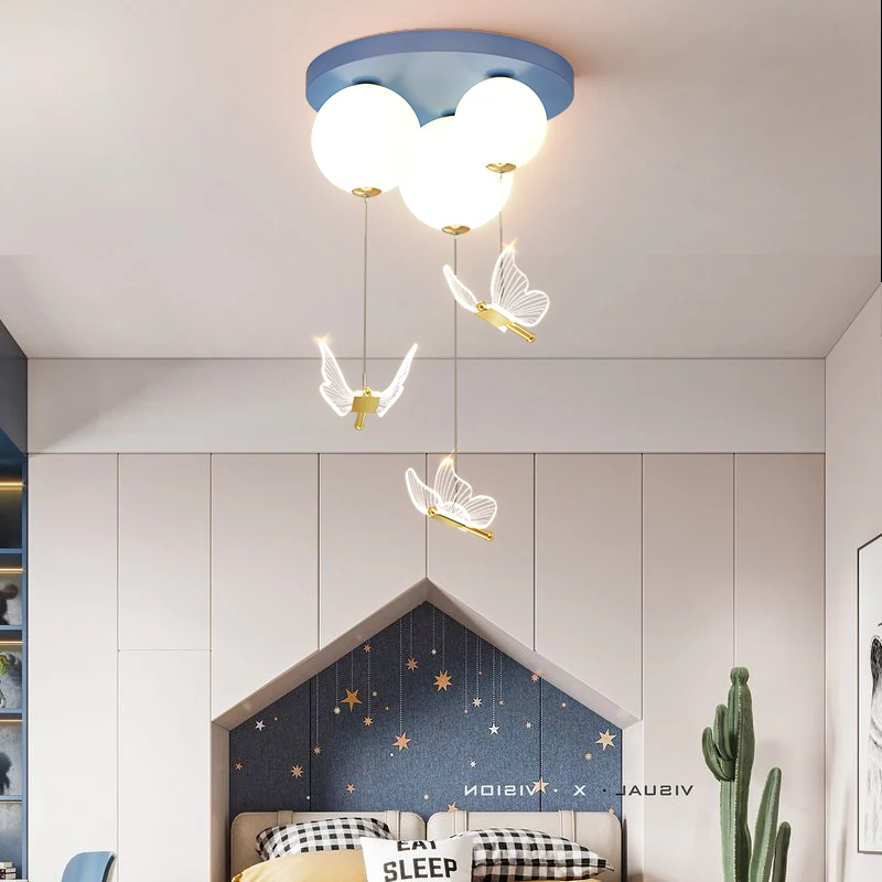 Simple Glass ball ceiling lamp Modern Bedroom With Ball Butterfly Warm and Romantic Lamp For Children's Indoor girl bedroom lamp