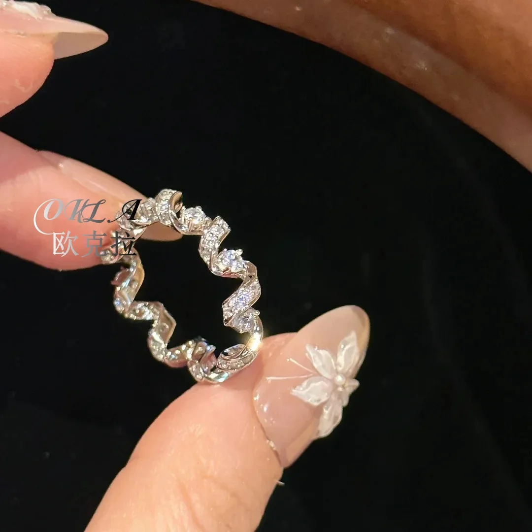 

OKLA Exquisite Phone Cord Winding Design Silver Color Rings Micro-inlaid Zircon Finger Accessories For Women
