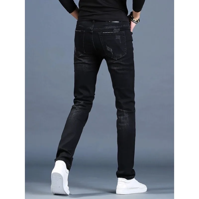 Men\'s Clothing Spring and Autumn Fashion Brand Hole Slim-fit Korean Style Skinny Trousers Stretch Jeans Pants